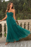 Pine Strapless A Line Ruffles Tulle Long Wedding Guest Dress