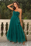 Pine Strapless A Line Ruffles Tulle Long Wedding Guest Dress