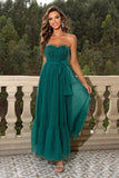 Pine Strapless A Line Ruffles Tulle Long Wedding Guest Dress