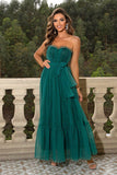 Pine Strapless A Line Ruffles Tulle Long Wedding Guest Dress