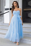 Pine Strapless A Line Ruffles Tulle Long Wedding Guest Dress