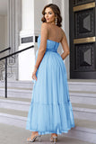 Pine Strapless A Line Ruffles Tulle Long Wedding Guest Dress