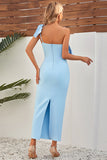 One Shoulder Sky Blue Mermaid Ruffles Long Wedding Guest Dress