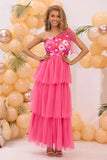 Hot Pink A Line One Shoulder Floral Printed Long Wedding Guest Dress