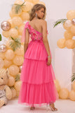 Hot Pink A Line One Shoulder Floral Printed Long Wedding Guest Dress