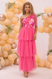 Hot Pink A Line One Shoulder Floral Printed Long Wedding Guest Dress