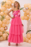 Hot Pink A Line One Shoulder Floral Printed Long Wedding Guest Dress