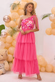 Hot Pink A Line One Shoulder Floral Printed Long Wedding Guest Dress