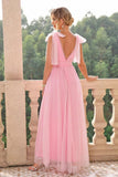 A Line Spaghetti Straps Blush Pink Pleated Wedding Guest Dress with Slit
