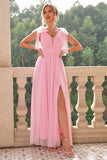 A Line Spaghetti Straps Blush Pink Pleated Wedding Guest Dress with Slit