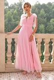 A Line Spaghetti Straps Blush Pink Pleated Wedding Guest Dress with Slit