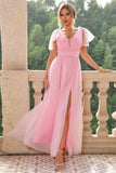 A Line Spaghetti Straps Blush Pink Pleated Wedding Guest Dress with Slit