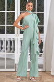 One Shoulder Ruffles Mint Long Wedding Guest Jumpsuits