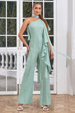 One Shoulder Ruffles Mint Long Wedding Guest Jumpsuits