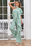 One Shoulder Ruffles Mint Long Wedding Guest Jumpsuits