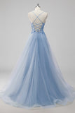 Sparkly A Line Spaghetti Straps Tulle Beaded Long Pink Prom Dress