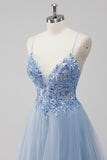 Sparkly A Line Spaghetti Straps Tulle Beaded Long Pink Prom Dress
