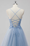 Sparkly A Line Spaghetti Straps Tulle Beaded Long Pink Prom Dress