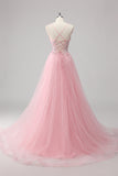 Sparkly A Line Spaghetti Straps Tulle Beaded Long Pink Prom Dress