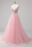 Sparkly A Line Spaghetti Straps Tulle Beaded Long Pink Prom Dress