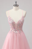 Sparkly A Line Spaghetti Straps Tulle Beaded Long Pink Prom Dress