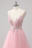 Sparkly A Line Spaghetti Straps Tulle Beaded Long Pink Prom Dress
