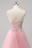 Sparkly A Line Spaghetti Straps Tulle Beaded Long Pink Prom Dress
