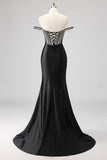 Glitter Dark Green Mermaid Off The Shoulder Beaded Long Prom Dress with Slit