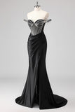 Glitter Dark Green Mermaid Off The Shoulder Beaded Long Prom Dress with Slit