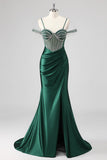 Glitter Dark Green Mermaid Off The Shoulder Beaded Long Prom Dress with Slit