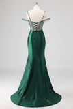 Glitter Dark Green Mermaid Off The Shoulder Beaded Long Prom Dress with Slit
