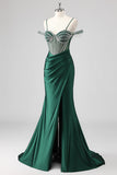 Glitter Dark Green Mermaid Off The Shoulder Beaded Long Prom Dress with Slit