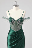 Glitter Dark Green Mermaid Off The Shoulder Beaded Long Prom Dress with Slit