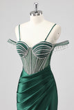 Glitter Dark Green Mermaid Off The Shoulder Beaded Long Prom Dress with Slit