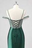 Glitter Dark Green Mermaid Off The Shoulder Beaded Long Prom Dress with Slit