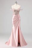 Glitter Dark Green Mermaid Off The Shoulder Beaded Long Prom Dress with Slit