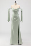 Sage Green Mermaid Off The Shoulder Ruched Long Bridesmaid Dress with Slit