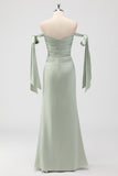 Sage Green Mermaid Off The Shoulder Ruched Long Bridesmaid Dress with Slit