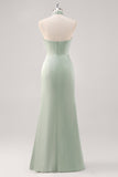 Sage Green Sheath Halter Ruched Satin Long Bridesmaid Dress with Slit