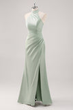 Sage Green Sheath Halter Ruched Satin Long Bridesmaid Dress with Slit