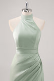 Sage Green Sheath Halter Ruched Satin Long Bridesmaid Dress with Slit