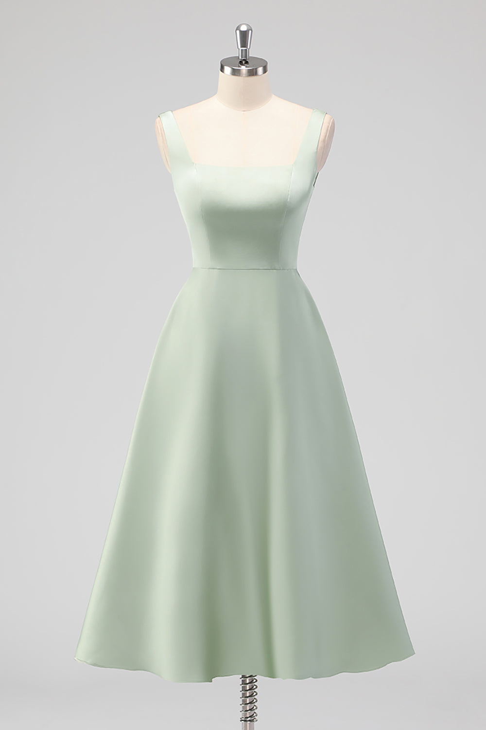 WEDTREND Women Sage Green Satin Bridesmaid Dress A Line Square Neck Tea-Length Wedding Party Dress WEDTREND Women Sage Green Satin Bridesmaid Dress A Line Square Neck Tea-Length Wedding Party Dress
