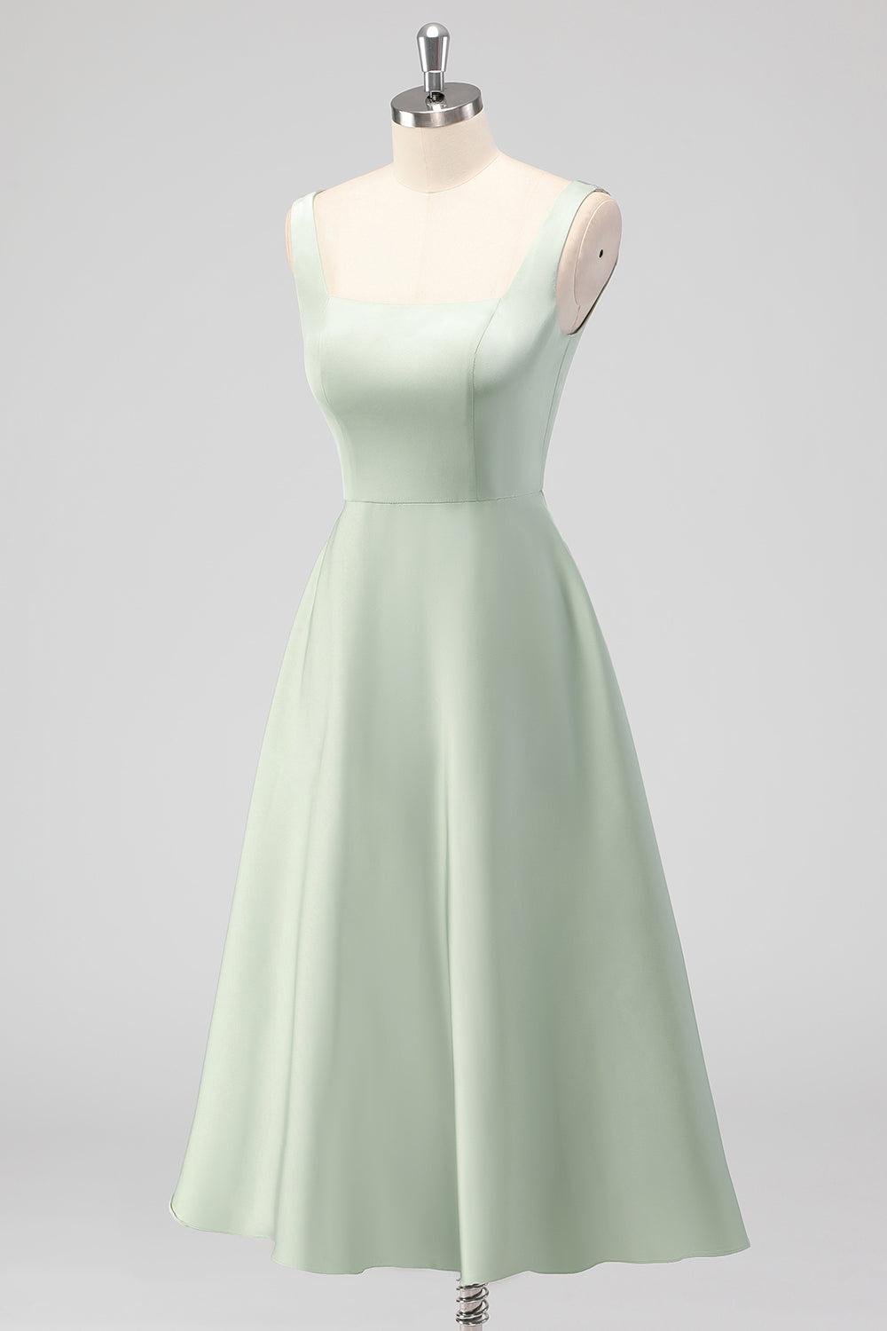 WEDTREND Women Sage Green Satin Bridesmaid Dress A Line Square Neck Tea-Length Wedding Party Dress WEDTREND Women Sage Green Satin Bridesmaid Dress A Line Square Neck Tea-Length Wedding Party Dress