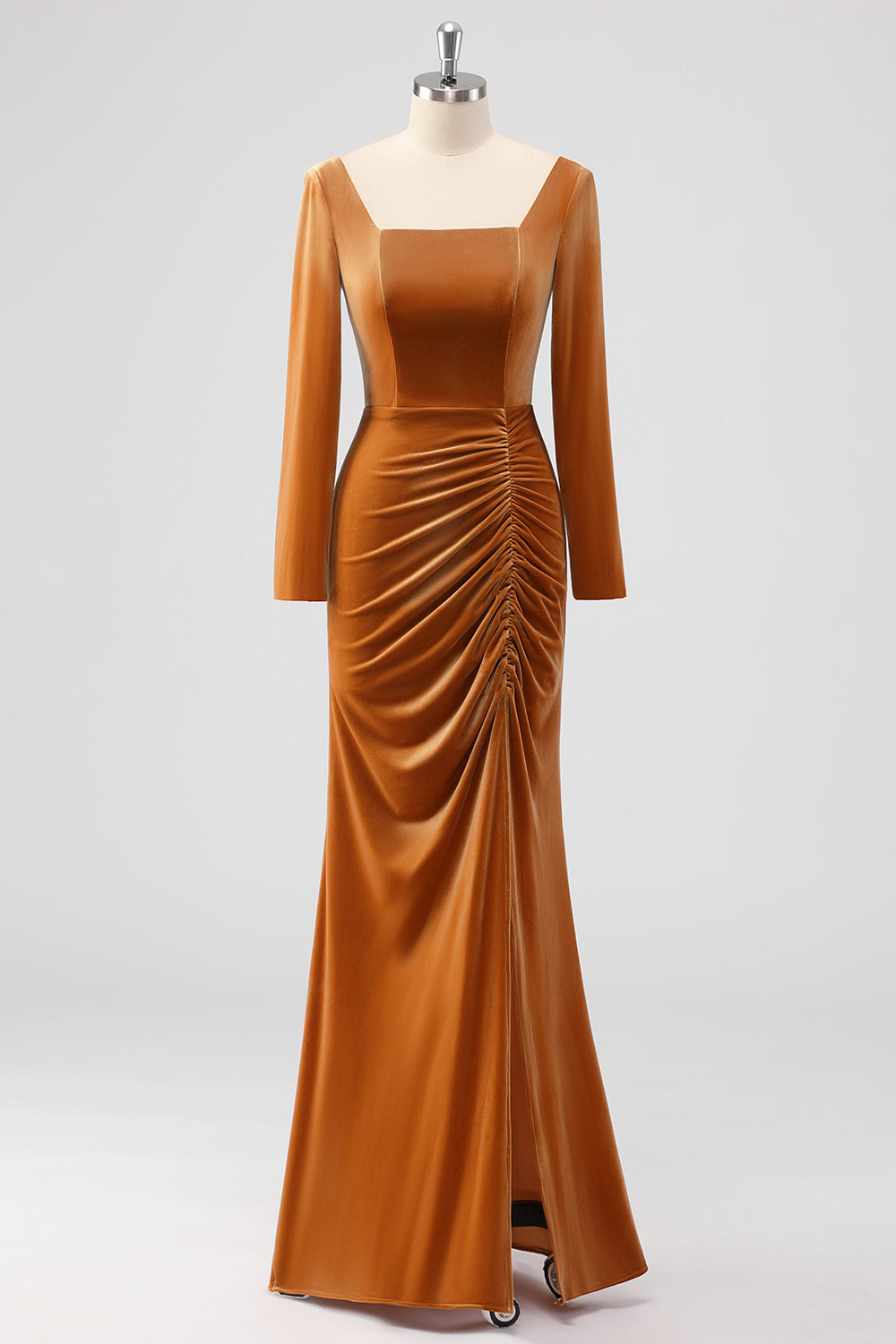 WEDTREND Women Brown Bridesmaid Dress with Slit Mermaid Square Neck Ruched Long Sleeves Velvet Wedding Party Dress WEDTREND Women Brown Bridesmaid Dress with Slit Mermaid Square Neck Ruched Long Sleeves Velvet Wedding Party Dress
