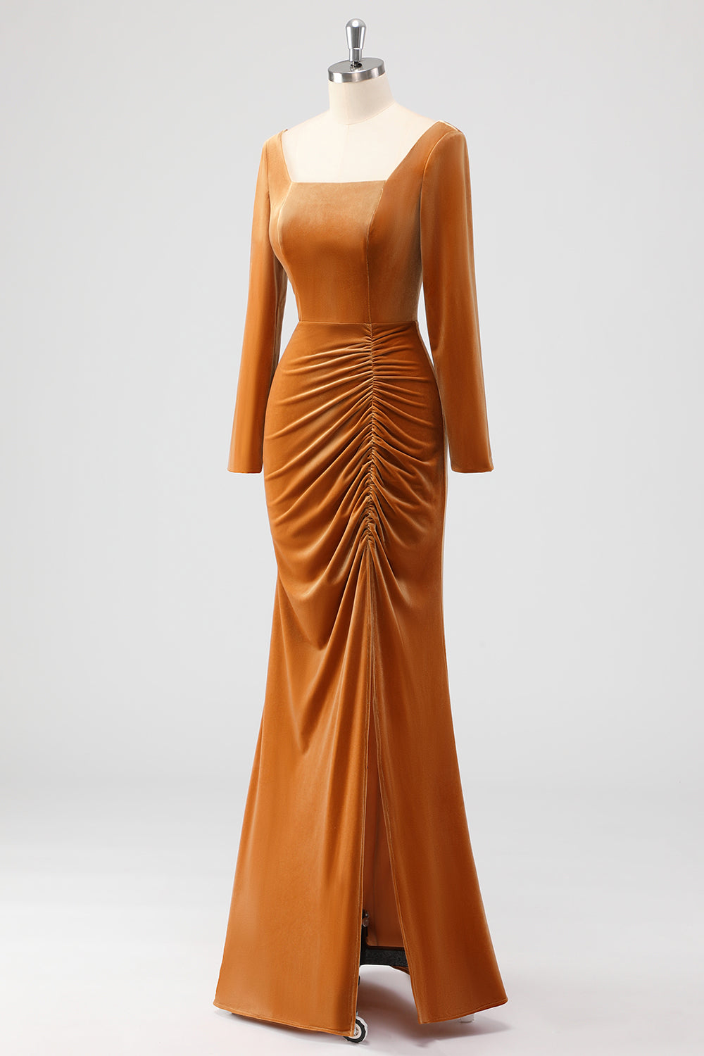 WEDTREND Women Brown Bridesmaid Dress with Slit Mermaid Square Neck Ruched Long Sleeves Velvet Wedding Party Dress WEDTREND Women Brown Bridesmaid Dress with Slit Mermaid Square Neck Ruched Long Sleeves Velvet Wedding Party Dress