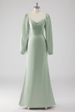Sage Green A Line Off the Shoulder Long Bridesmaid Dress with Long Sleeves