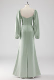 Sage Green A Line Off the Shoulder Long Bridesmaid Dress with Long Sleeves