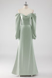 Sage Green A Line Off the Shoulder Long Bridesmaid Dress with Long Sleeves