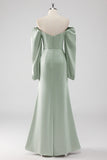 Sage Green A Line Off the Shoulder Long Bridesmaid Dress with Long Sleeves