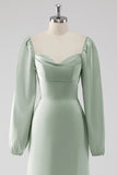 Sage Green A Line Off the Shoulder Long Bridesmaid Dress with Long Sleeves